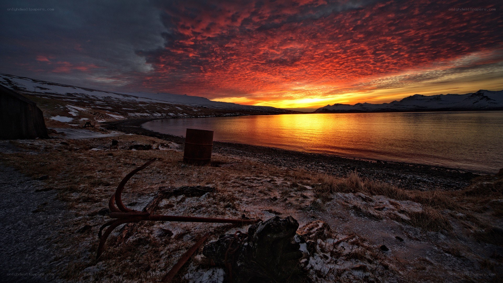Sunset over a coastal landscape