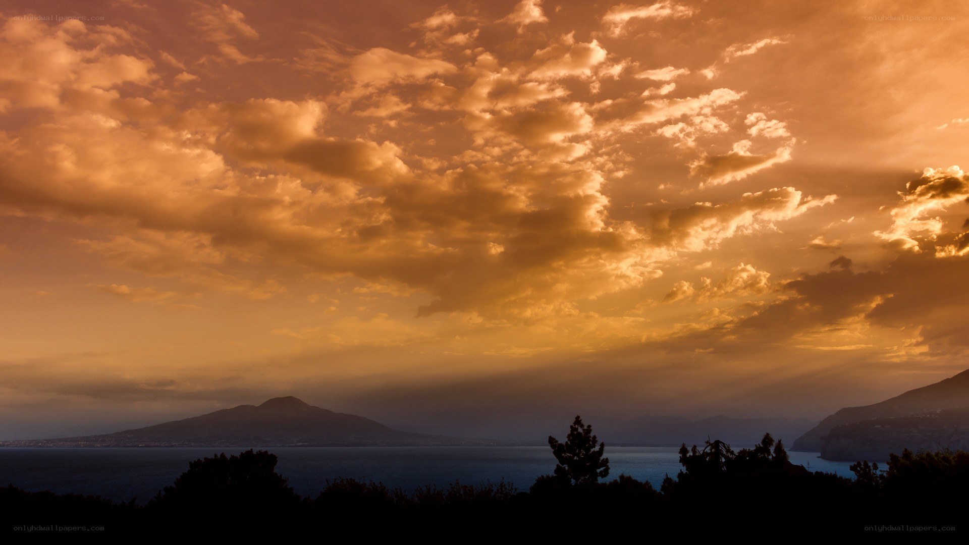 Sunset over a coastal landscape