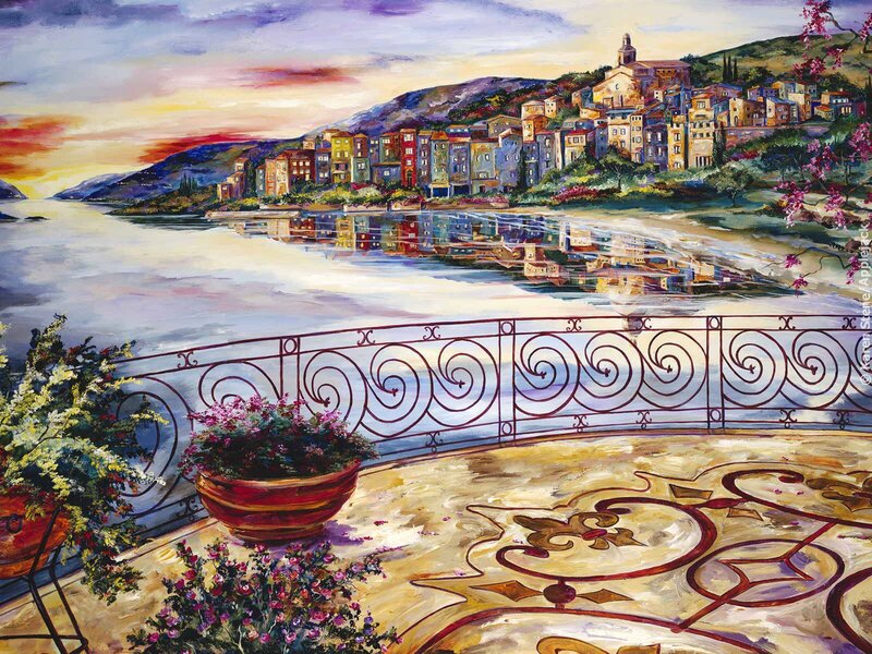 Sunset over a coastal town
