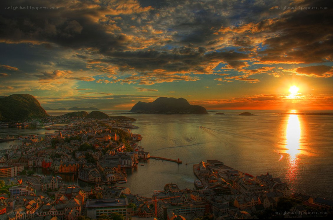 Sunset over a coastal town