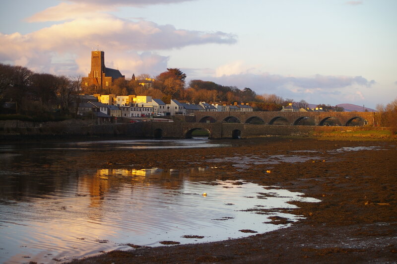 Sunset over a coastal town
