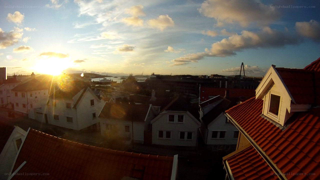 Sunset over a coastal town