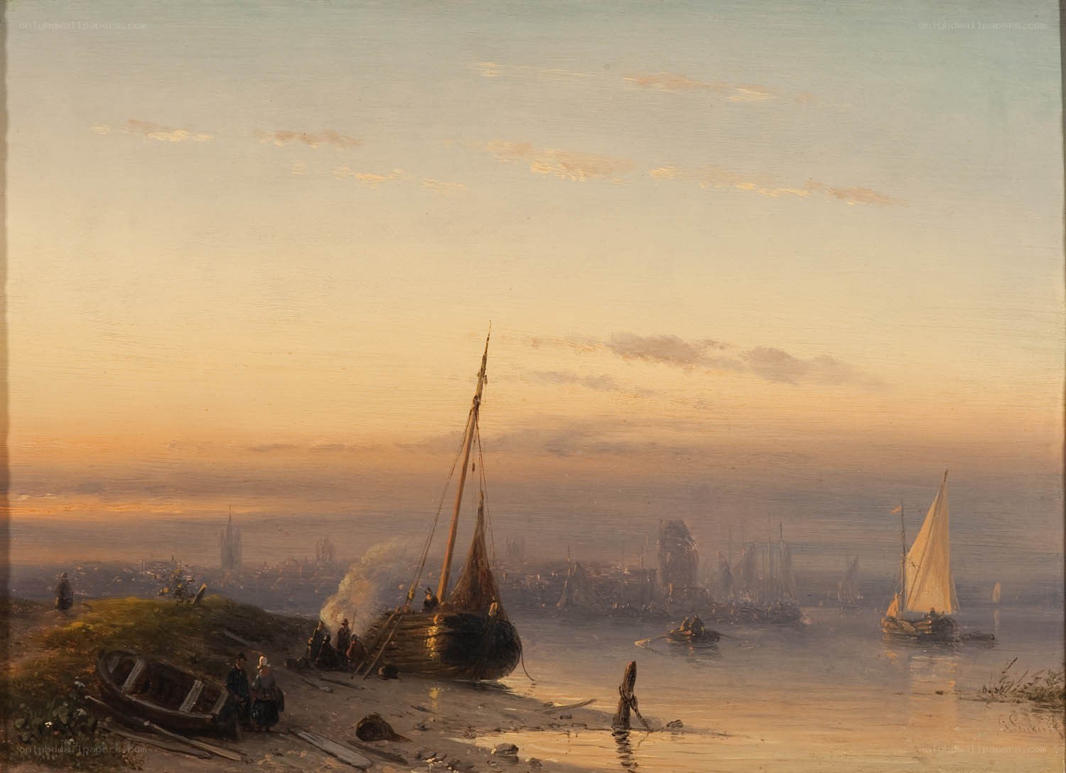 Sunset over a coastal town