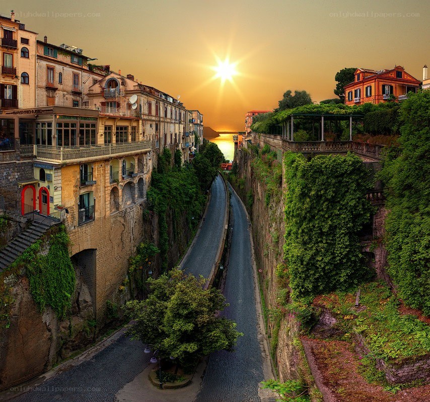 Sunset over a coastal town