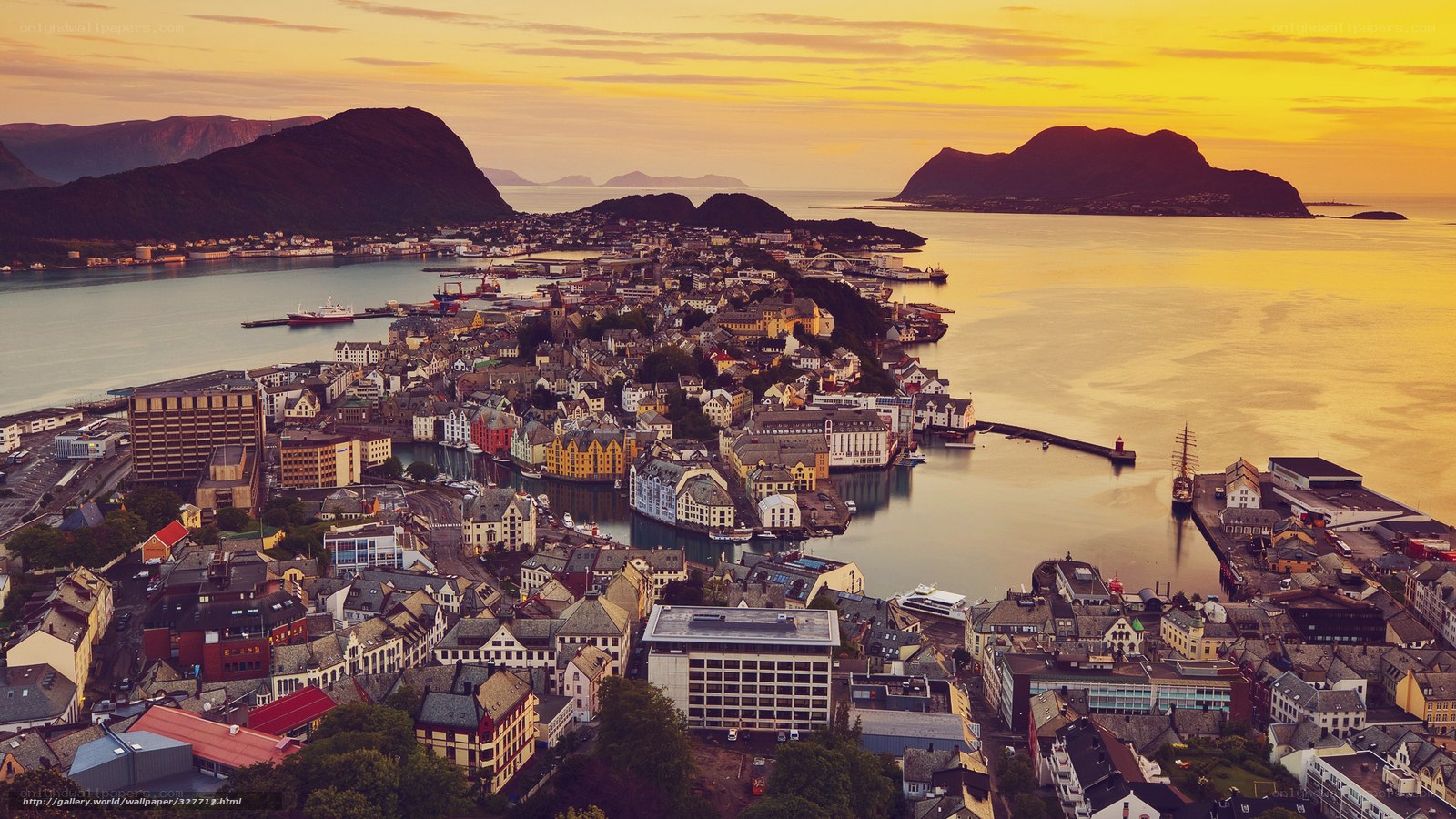 sunset over a coastal town