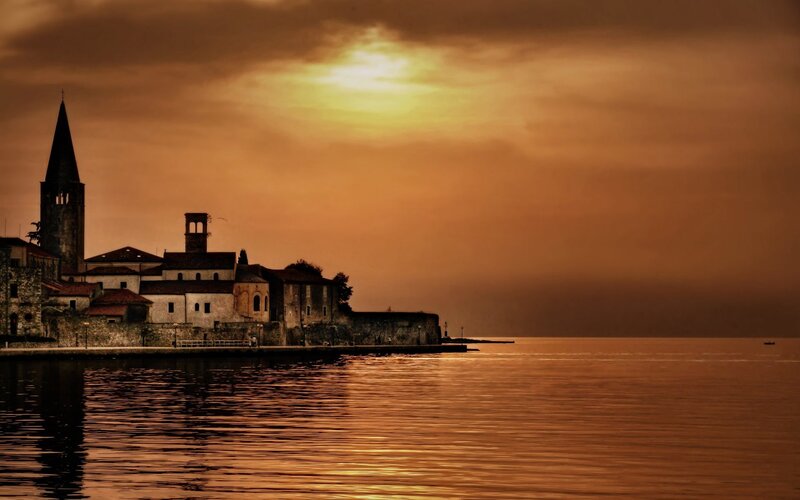Sunset over a coastal village