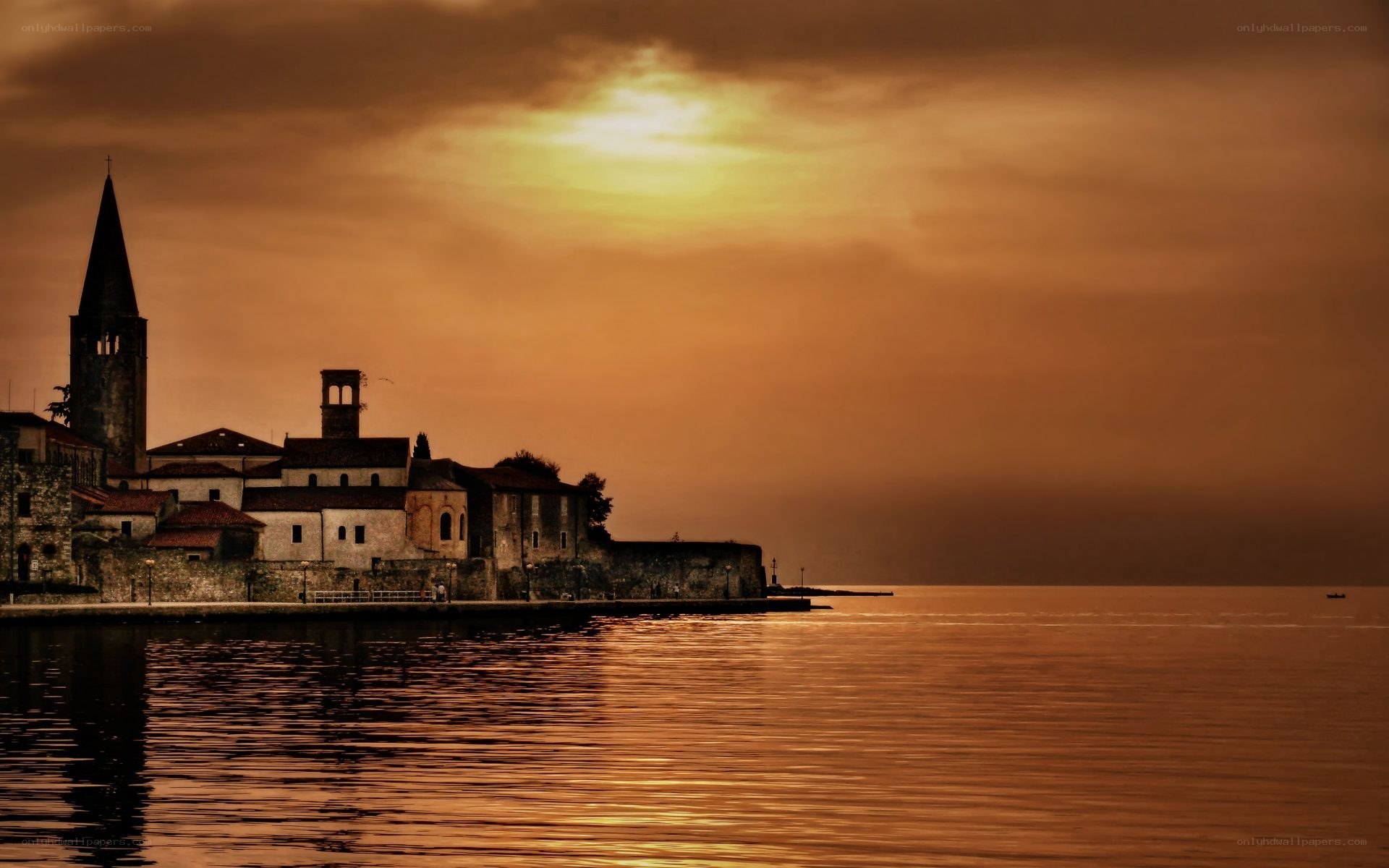 Sunset over a coastal village