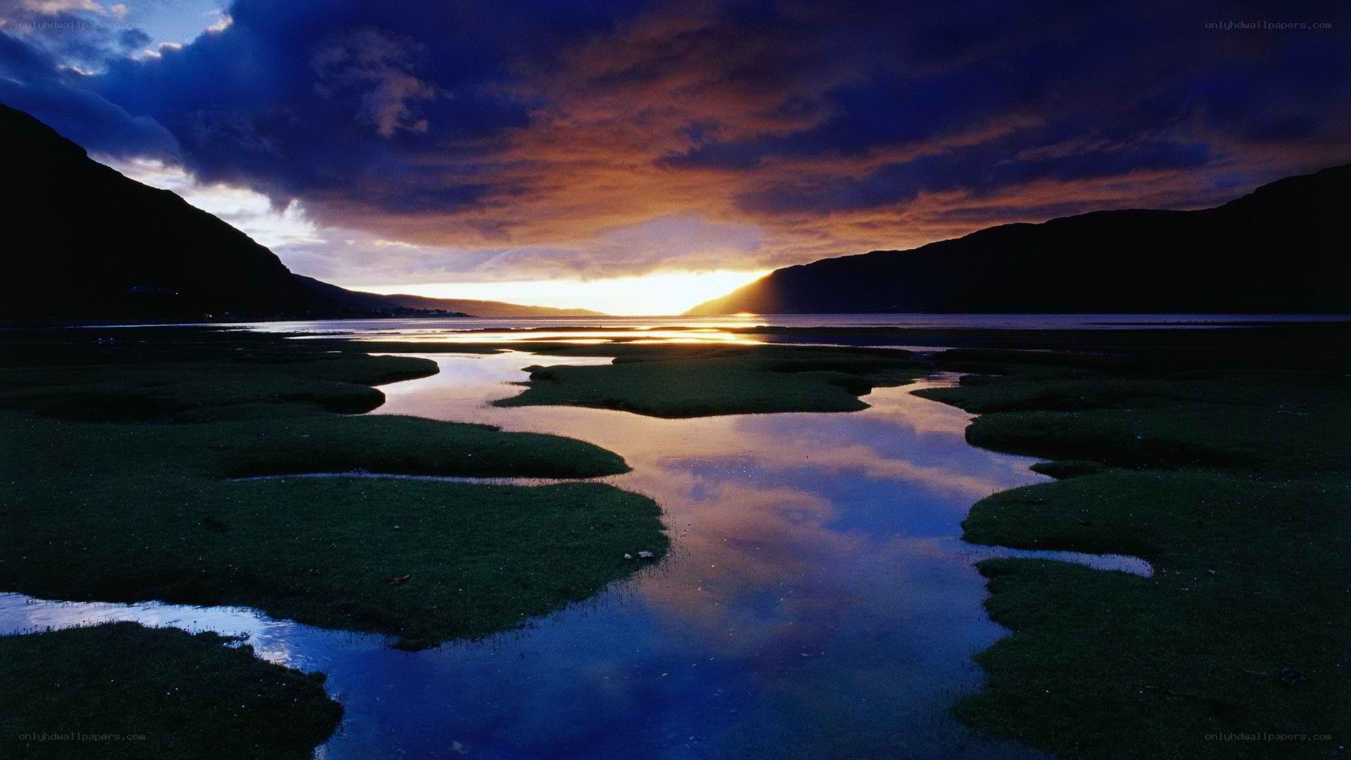 Sunset over a coastal wetland