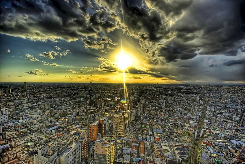 Sunset over a dense city