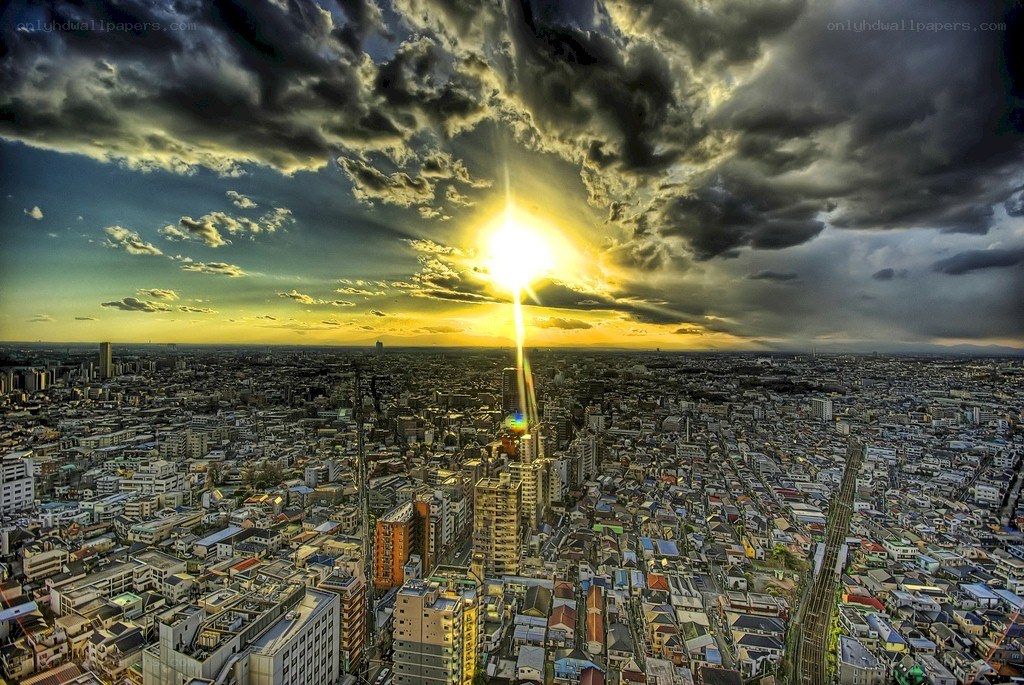 Sunset over a dense city