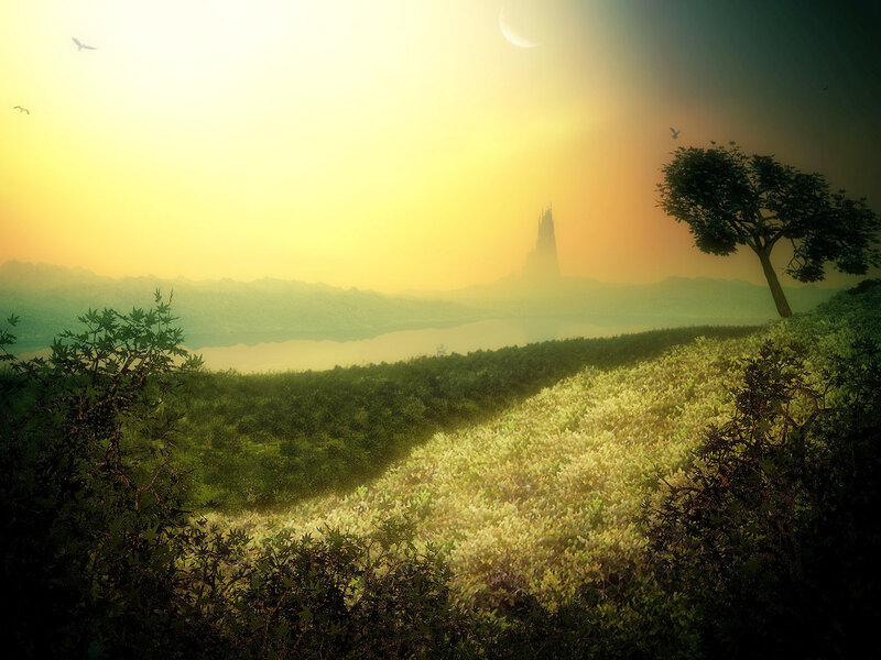Sunset over a distant castle