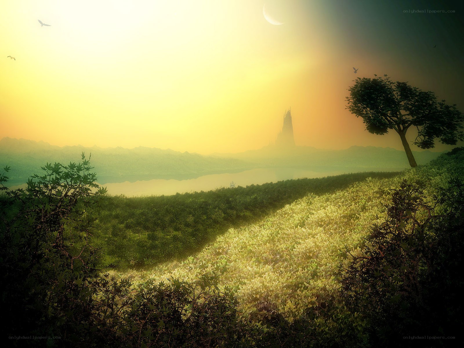 Sunset over a distant castle