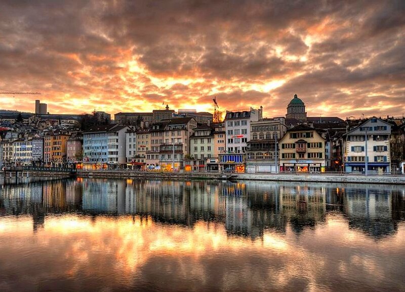 Sunset over a European city