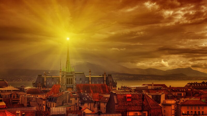 Sunset over a European city