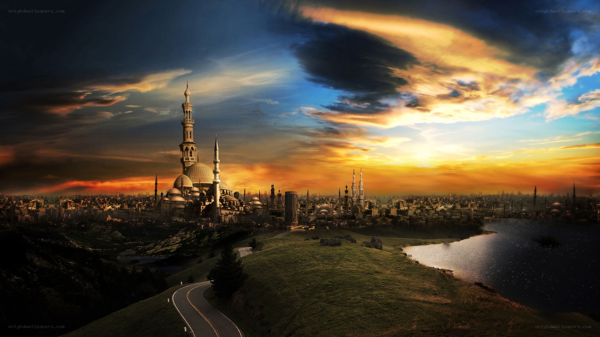 sunset over a fantasy city