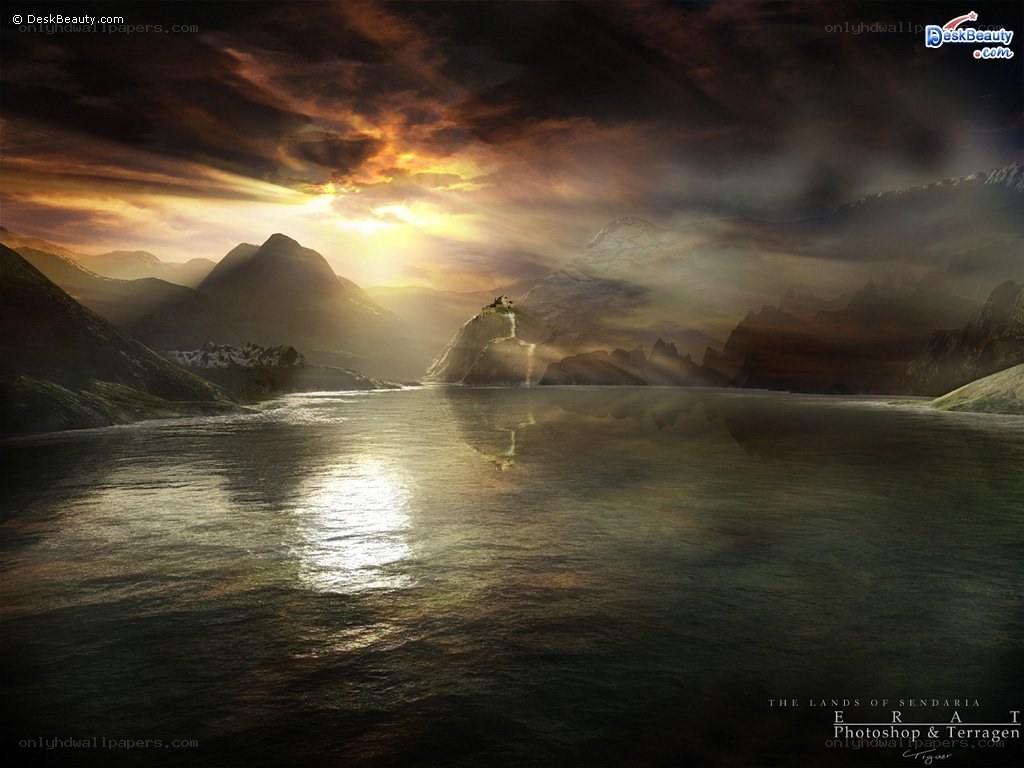 Sunset over a fantasy lake