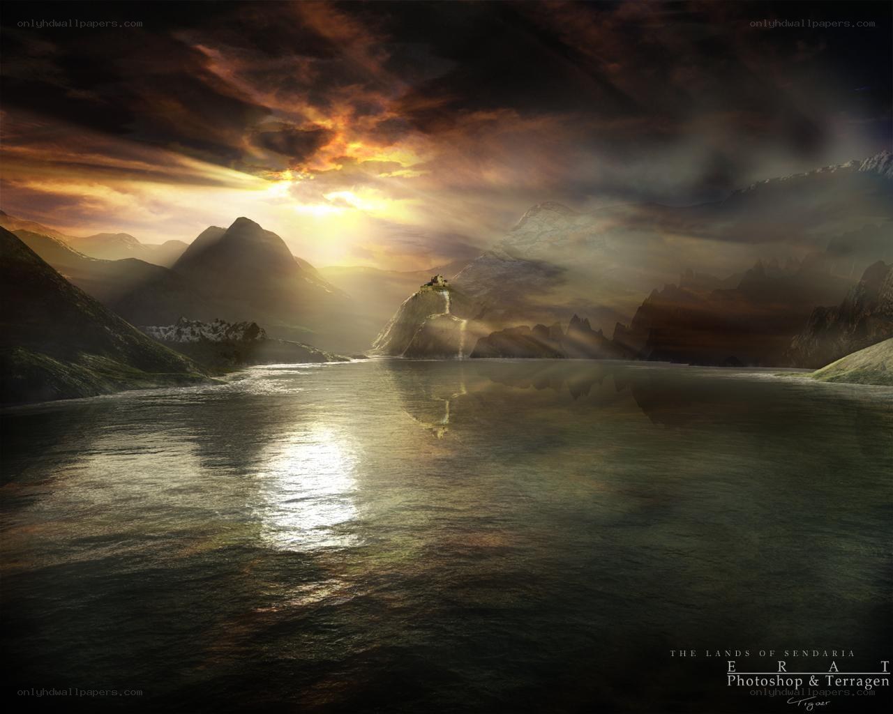 Sunset over a fantasy lake