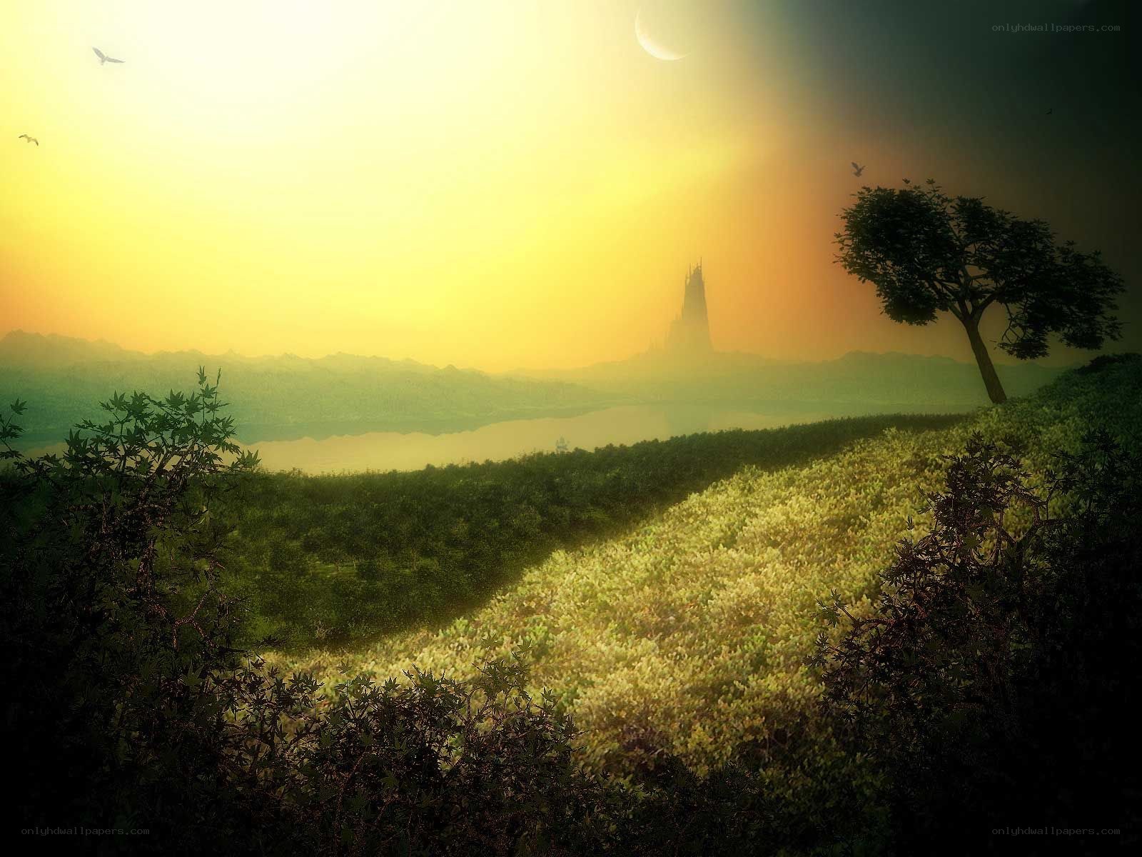 Sunset over a fantasy landscape
