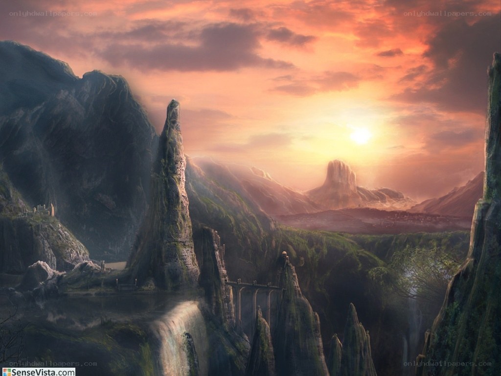 Sunset over a fantasy landscape