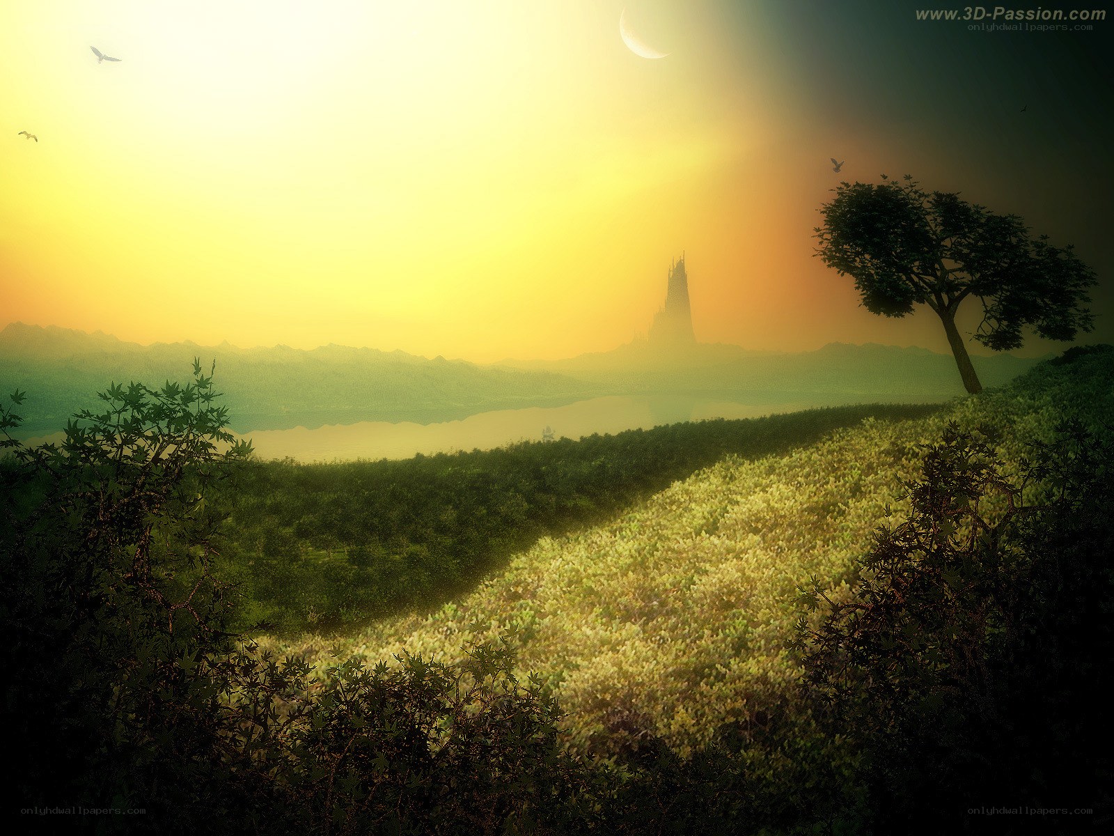 Sunset over a fantasy landscape