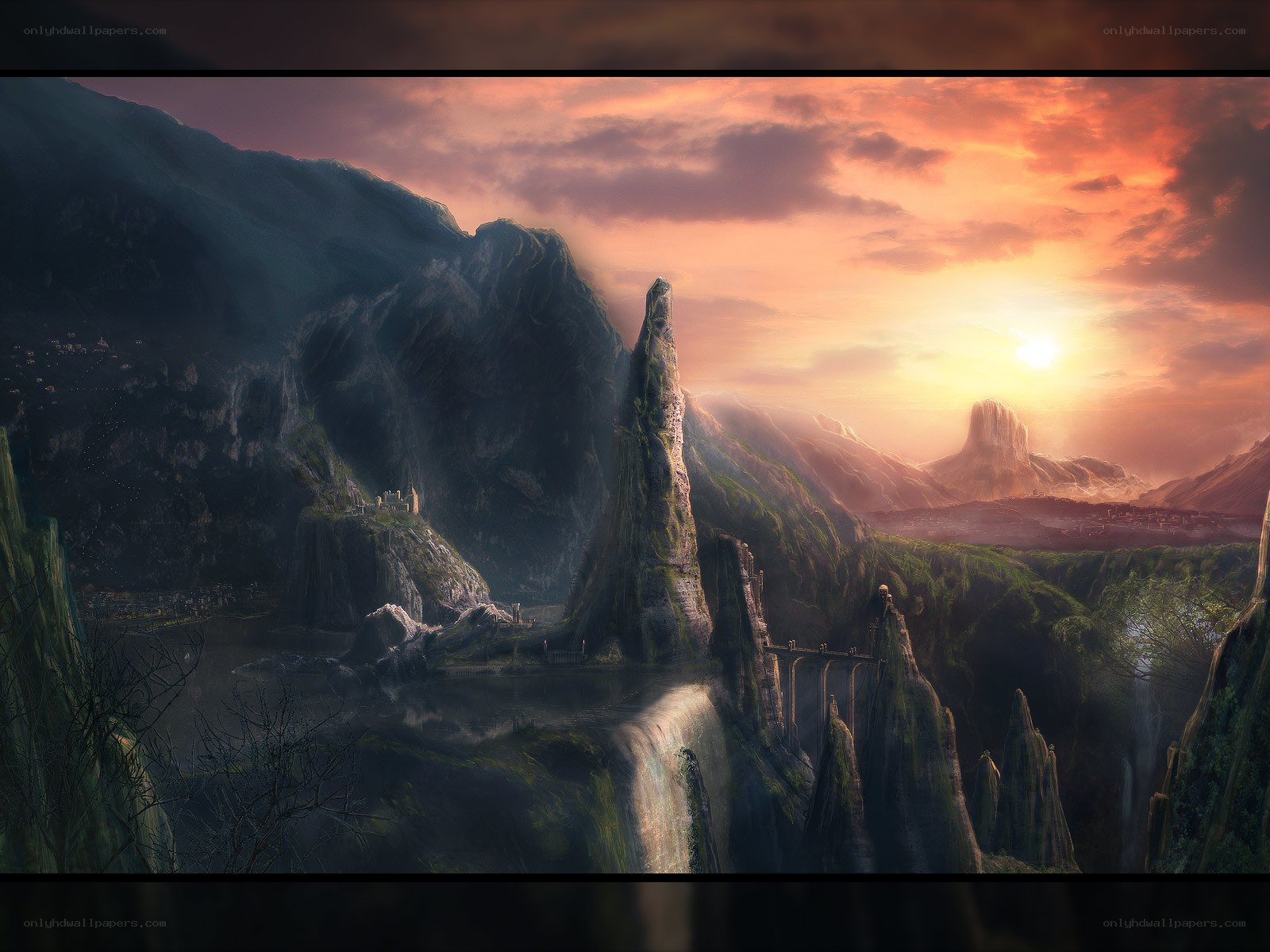 Sunset over a fantasy landscape