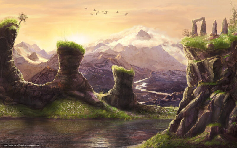 Sunset over a fantasy landscape