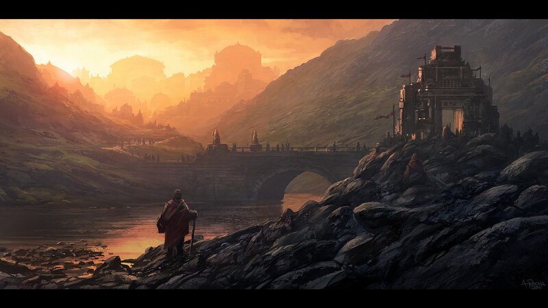 Sunset over a fantasy valley