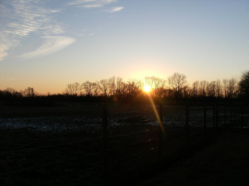 Sunset over a fenced field