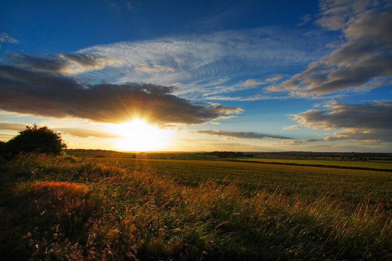 Sunset over a Field — Blue, Serene, Photograph, Clouds