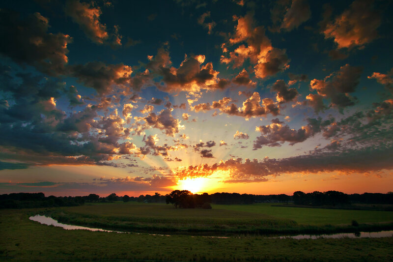 Sunset over a Field — Orange, Dramatic, Photograph, Clouds, River