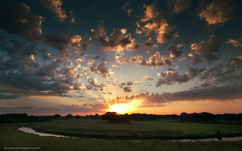 Sunset over a Field — Orange, Dramatic, Photograph, Clouds, River, Trees
