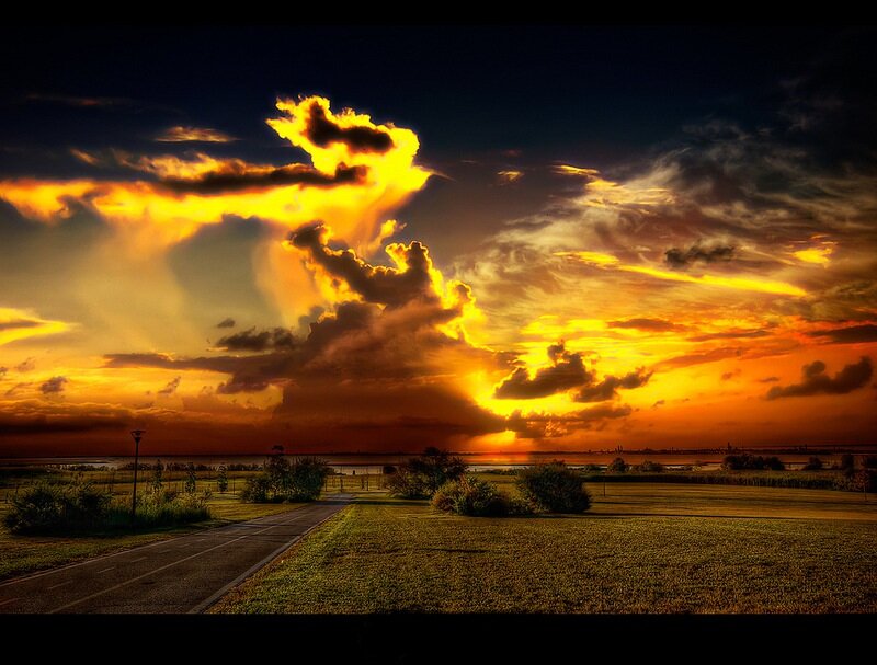 Sunset over a Field — Orange, Dramatic, Photograph, Clouds