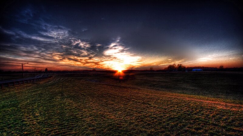 Sunset over a Field — Orange, Dramatic, Photograph, Road, Clouds