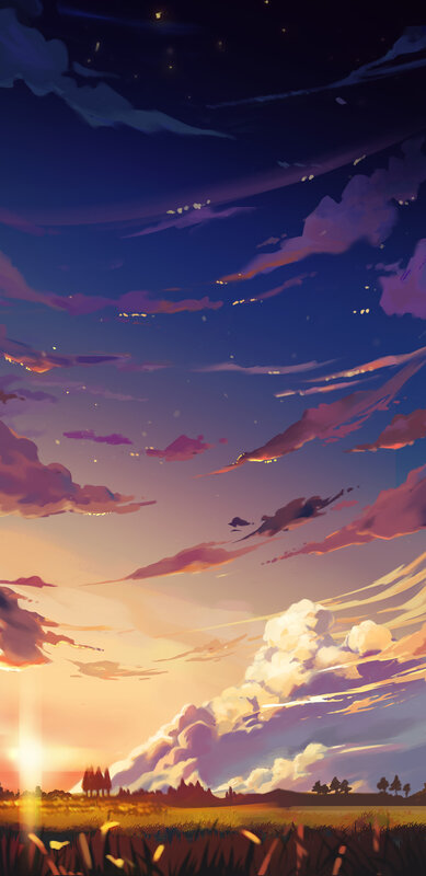 Sunset over a Field — Purple, Serene, Digital Art