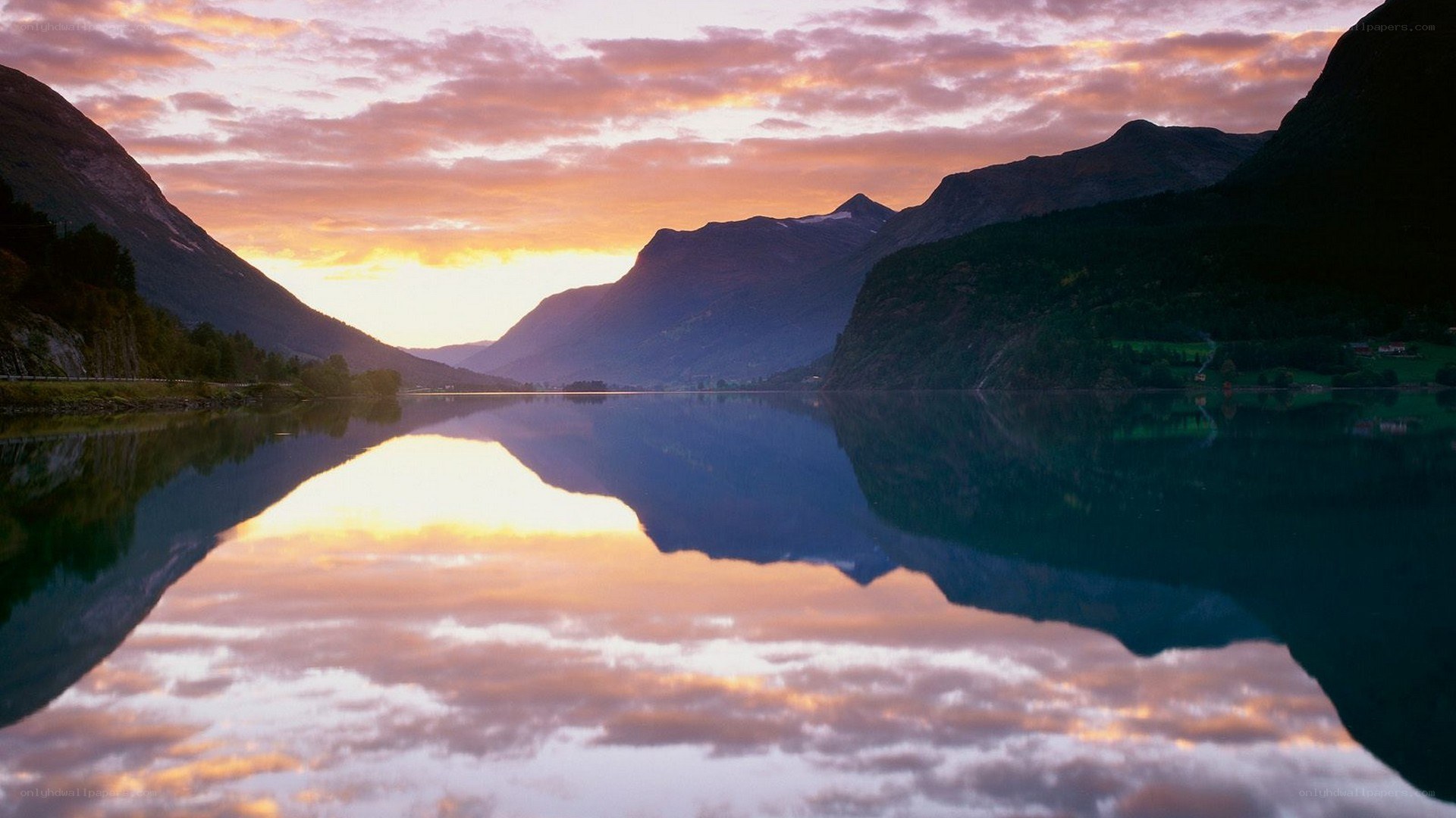 sunset over a fjord