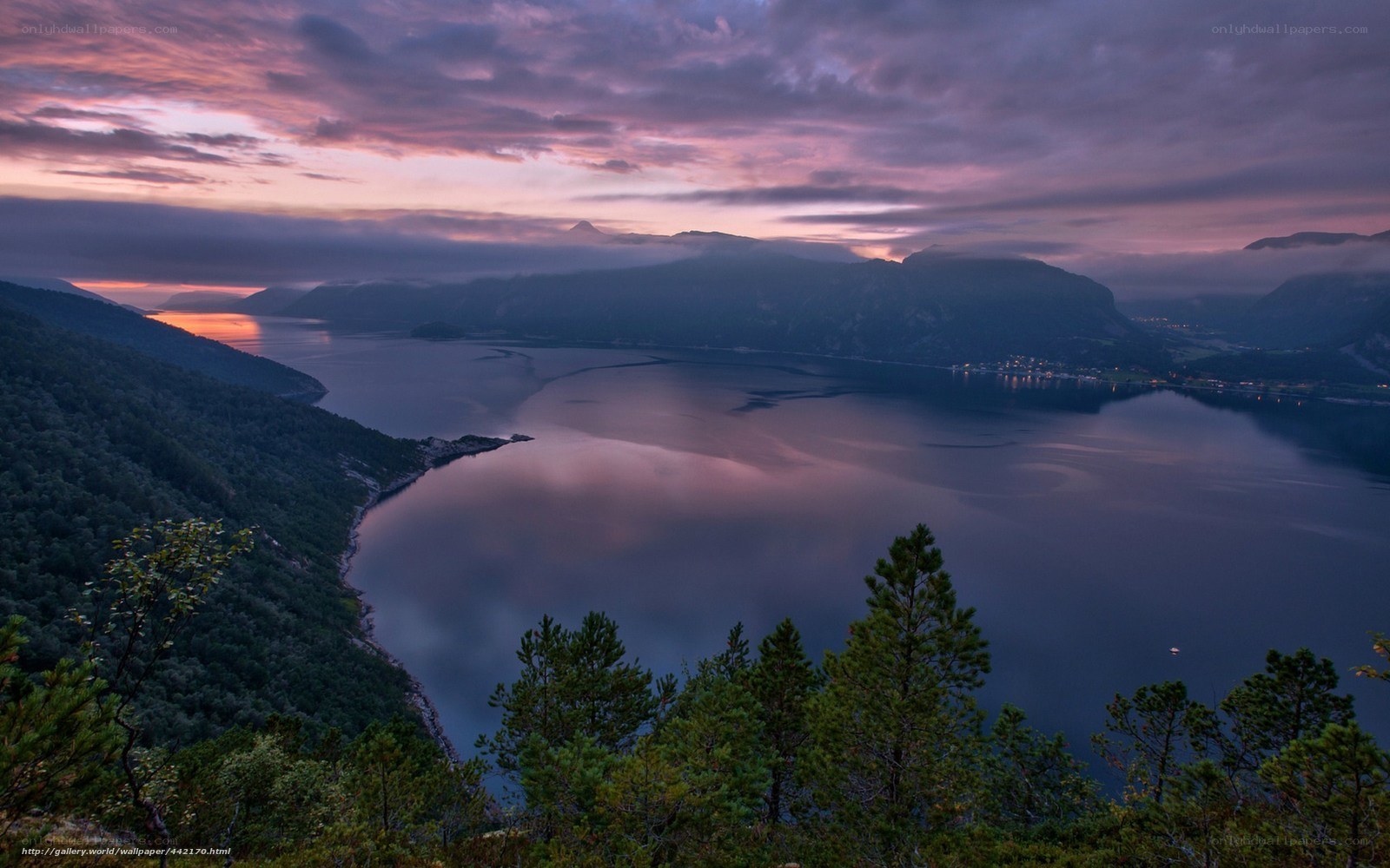 sunset over a fjord