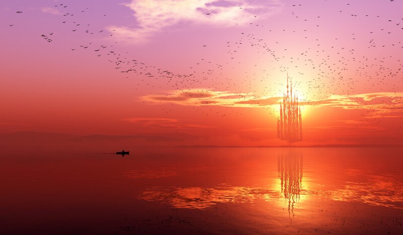sunset over a floating castle