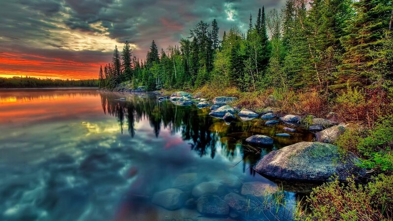 Sunset over a forest lake