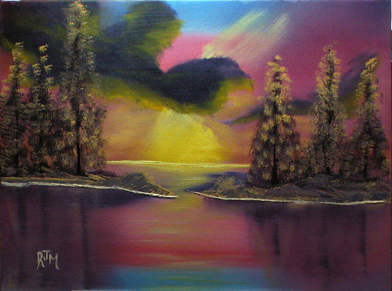 Sunset over a forest lake