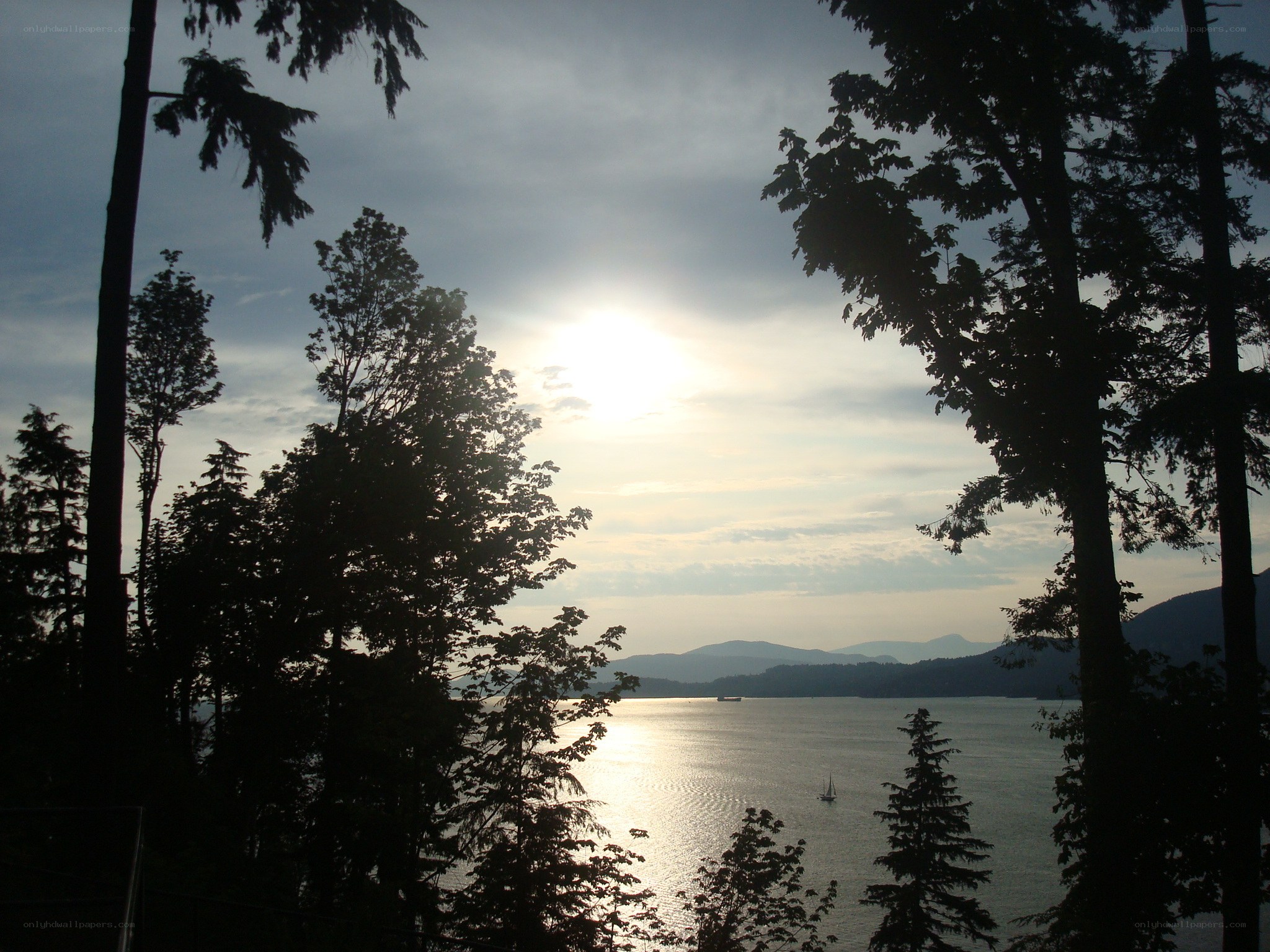 Sunset over a forested bay