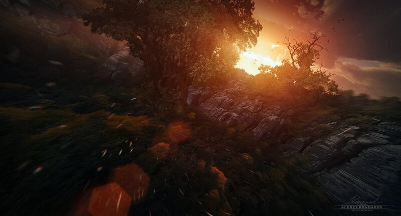 sunset over a forested hill