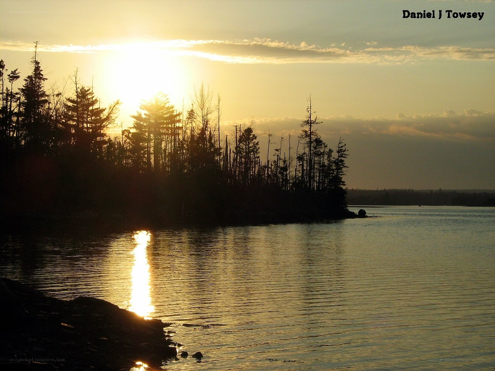 Sunset over a forested lake