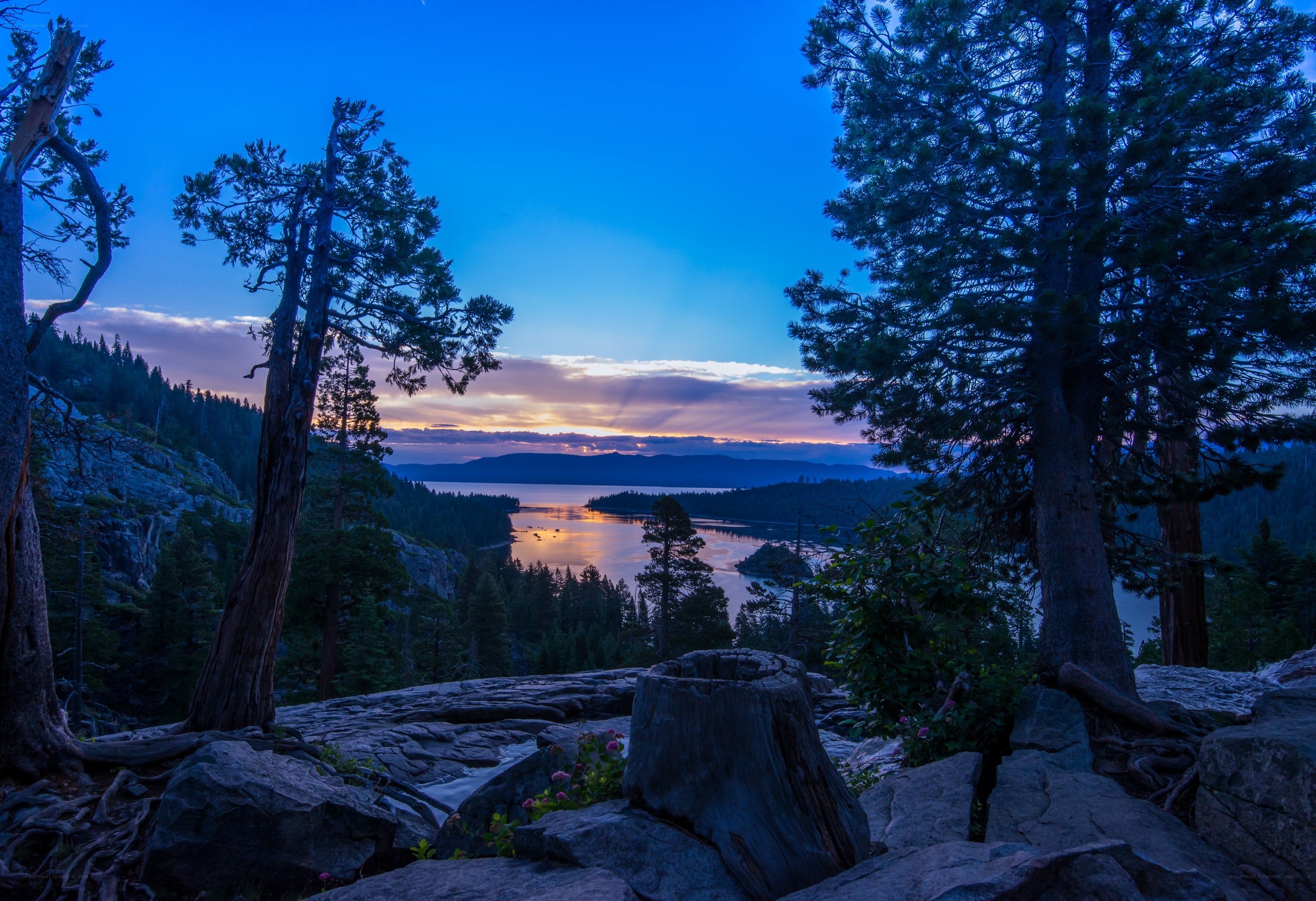 Sunset over a forested lake