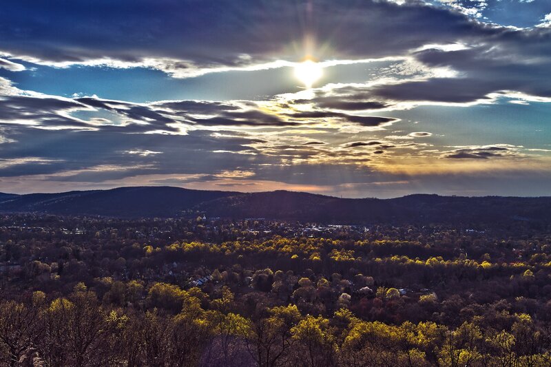 Sunset over a forested valley