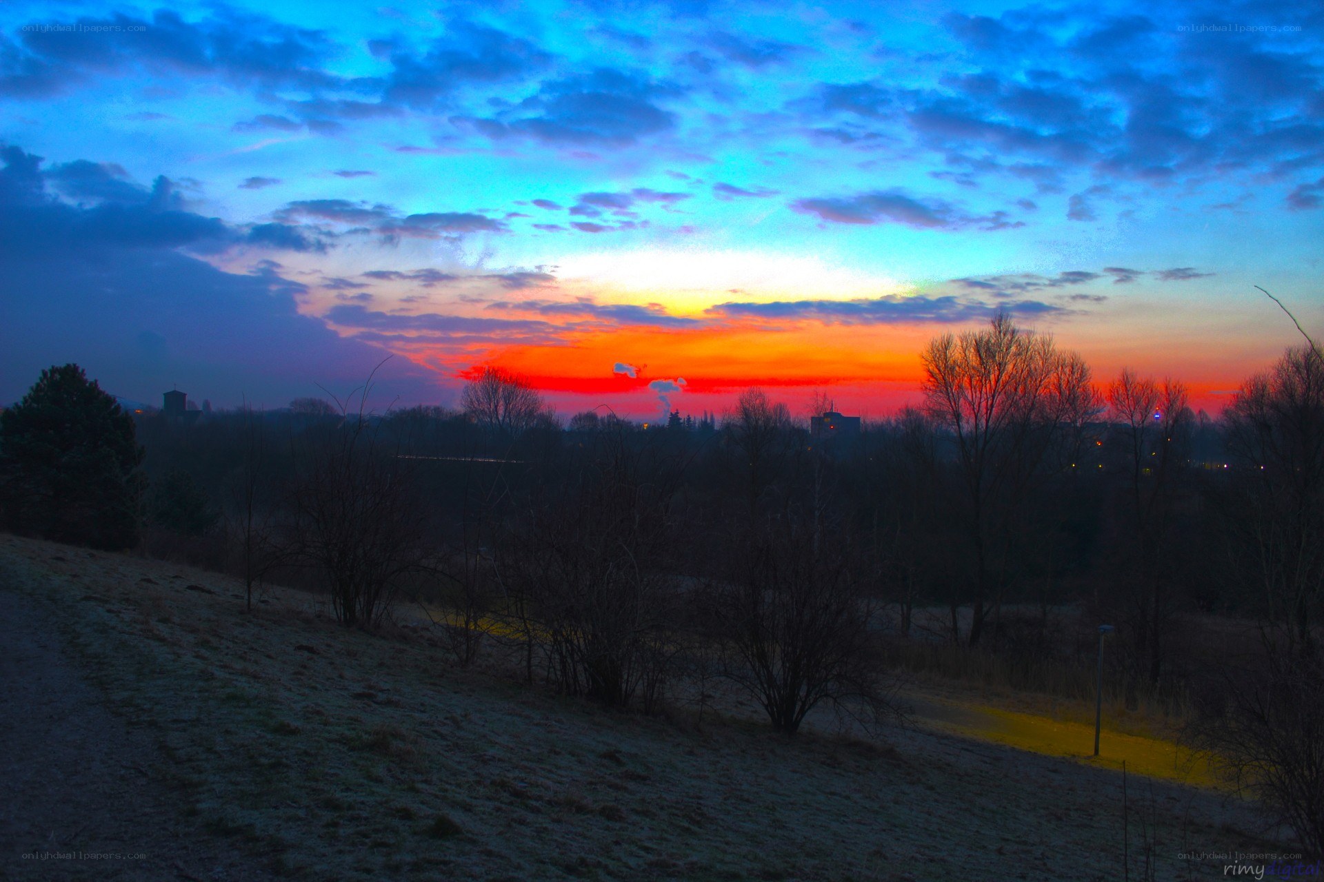 Sunset over a frosty landscape