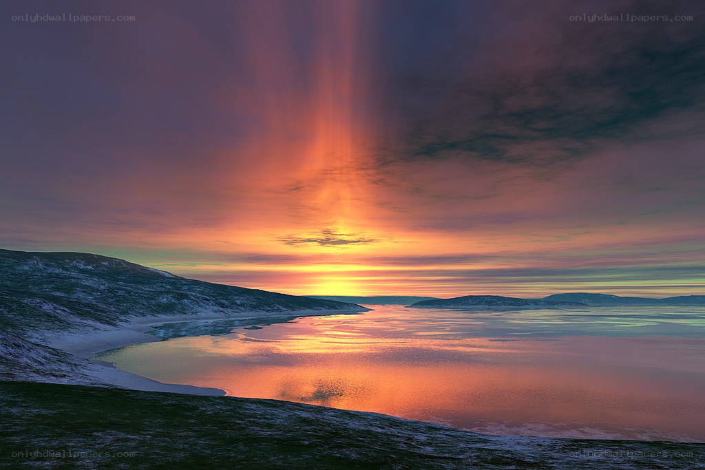 Sunset over a frozen bay