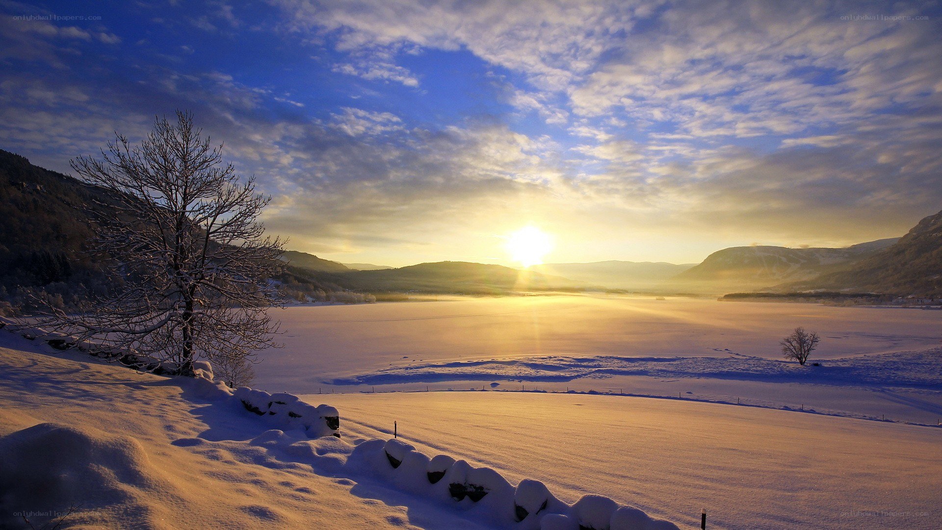 Sunset over a frozen lake