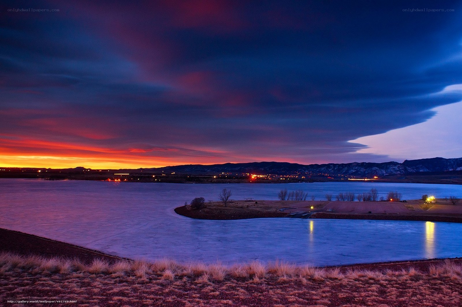 Sunset over a frozen lake