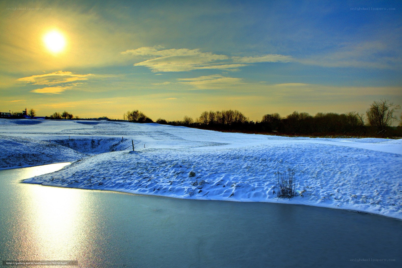 Sunset over a frozen landscape