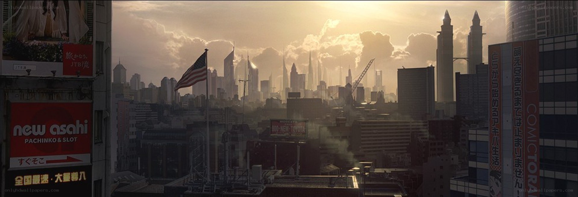 Sunset over a futuristic city